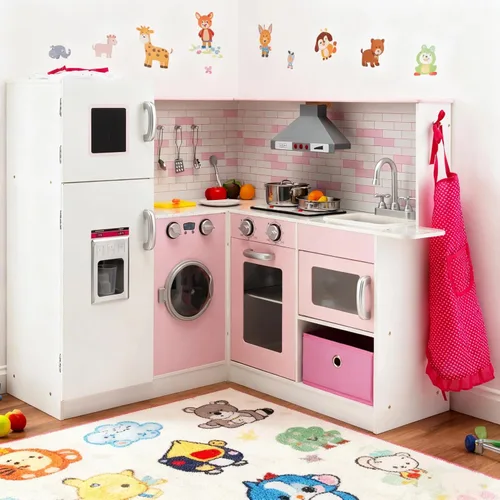 Miniatura 11 de Costzon Cocina de Juego de Esquina de 2 Piezas, Cocina de Juego de Madera con Lavadora, Luz y Sonido Realistas, Cafetera, Estufa y Accesorios