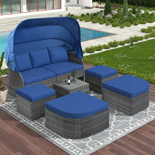 Miniatura 15 de Sofá cama redondo de ratán al aire libre con toldo retráctil y mesa de centro elevadora, muebles de patio, juego de sofá para piscina Garde