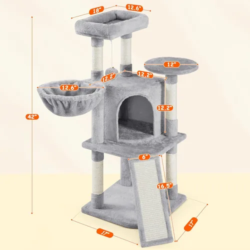 Miniatura 3 de Yaheetech Árbol para gatos, torre para gatos de 42 pulgadas para gatos de interior, casa para mascotas con gran pedestal y postes para rascar