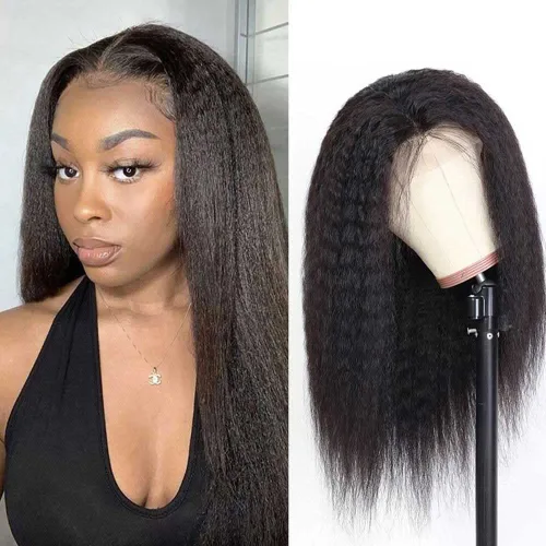 Miniatura 8 de ZIYU Peluca de cabello humano lacio tipo afro sin pegamento para mujer, peluca de encaje frontal de 13 x 4 pulgadas, predepilada con abuelitos