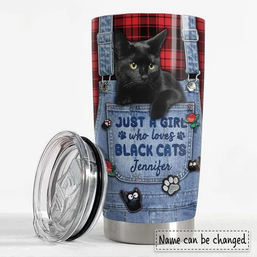 Miniatura 2 de SANDJEST Vaso personalizado de gato negro con texto en inglés «Just A Girls Who Loves Cat», vasos de 20 onzas y 30 onzas con tapa, regalo