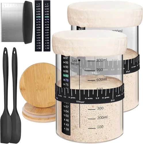 Miniatura 10 de Kmise Tarro para Masa Madre, Kit de Tarro para Masa Madre de Vidrio DIY Pro de 34 Oz con Termómetro, Espátula de Silicona, Calcomanías de Pizarra