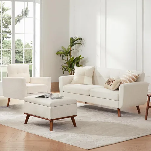Miniatura 8 de Tbfit Sofá individual de tela de lino, silla de acento, sillón moderno de mediados de siglo para sala de estar, dormitorio, tapizado con botones