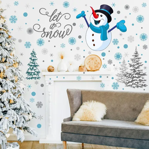 Miniatura 6 de Soaoo 63 calcomanías de pared de invierno, calcomanías de copos de nieve, calcomanías extraíbles de muñeco de nieve de Navidad, arte de pared