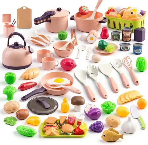 118 piezas de accesorios mini para cocina de juego para niños, juego de cocina de simulación con utensilios de cocina, vajilla y 2 juegos de frutas,