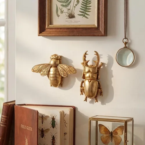 Miniatura 6 de Kathfly 2 piezas de escultura de pared vintage de resina dorada 3D, decoración de pared de latón dorado flotante para sala de estar, jardín al aire