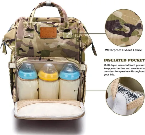 Miniatura 2 de LIMHOO Mochila para pañales para hombres y papá, bolsa de pañales de camuflaje de lona grande impermeable para el cuidado del bebé, Camuflaje