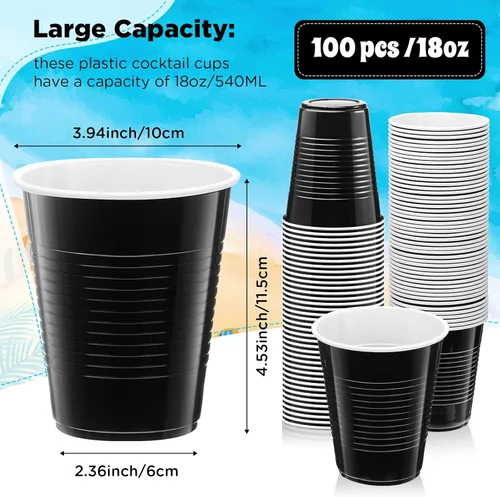 Miniatura 2 de Zubebe Paquete de 100 vasos negros desechables de plástico de 18 onzas, grandes bebidas para fiesta de cumpleaños, graduación, Halloween
