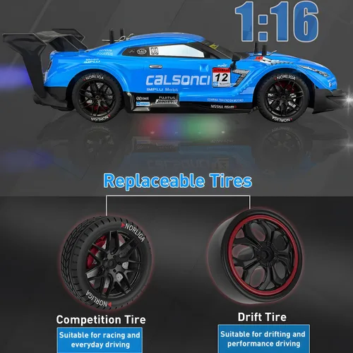 Miniatura 5 de 1:16 Spray RC Drift Car para niños 4WD 2.4GHz 40KM/H Auto de control remoto de alta velocidad con luces LED neumáticos de deriva y 2 baterías, Azul