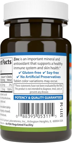 Miniatura 3 de Carlson - Zinc, 15 mg, Suplemento de zinc, gluconato de zinc, apoyo inmunológico y salud de la piel, tabletas de zinc, antioxidante, cápsulas