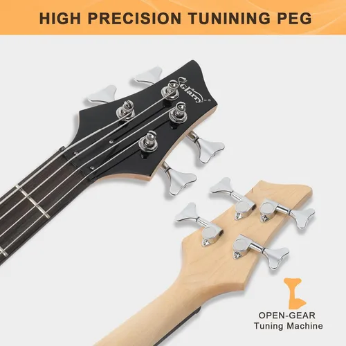 Miniatura 5 de GLARRY Guitarra eléctrica de bajo de tamaño completo 4 cuerdas estilo Burning Fire para principiantes diestros con bolsa, correa y accesorios (negro)