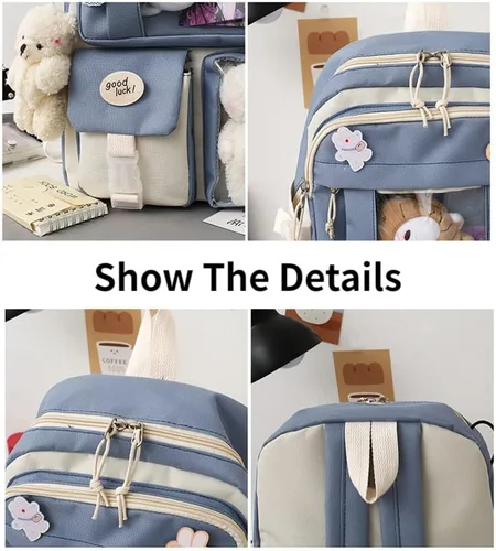 Miniatura 5 de Mochila de viaje para mujer, 5 unidades, diseño de oso con diseño de dibujos animados, alfileres de alta capacidad, ligero, kawaii, preppy, mochila