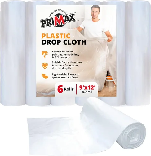 PRIMAX Paño de plástico para pintores – 9 x 12 pies – Paquete de 6 – Lona de pintura impermeable – Tela de caída para pintura – Cubierta de suelo