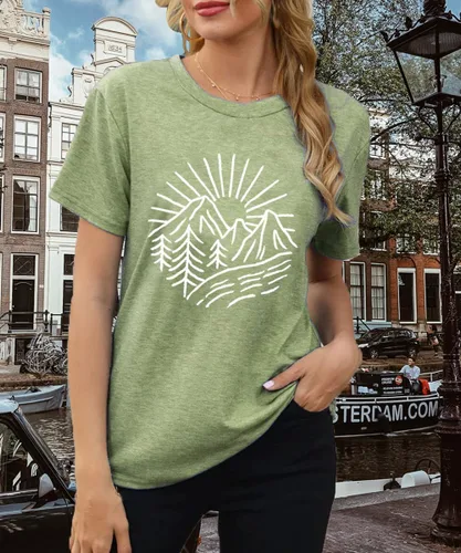 Miniatura 31 de Camisetas sin mangas de senderismo y montaña para mujer, divertidas camisetas de entrenamiento con gráficos de pino y amanecer, camisetas de verano
