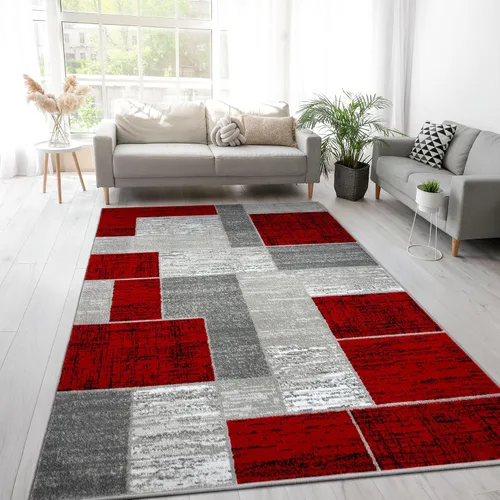 L'Baiet Verena - Alfombra geométrica roja y gris de 8 x 10 pies, alfombra de área grande para sala de estar, dormitorio, mesa de comedor, oficina,