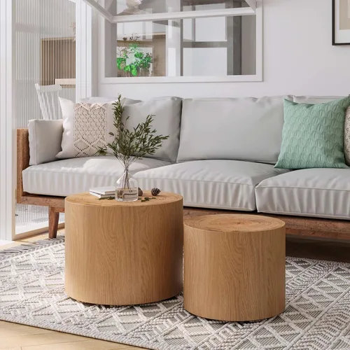 Miniatura 4 de Juego de 2 mesas auxiliares anidadas, mesa auxiliar redonda moderna y mesa auxiliar, mesa auxiliar circular de madera natural para sala de estar