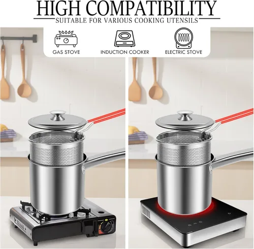 Miniatura 6 de Olla para freír con cesta coladora, olla de acero inoxidable con tapa y asa, mini freidora de aceite de 1.8 litros, freidora portátil, freidora