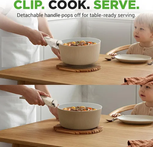 Miniatura 3 de NutriChef - Juego de 18 piezas de utensilios de cocina de cerámica con mangos desmontables, ollas y sartenes antiadherentes, revestimiento de Crema