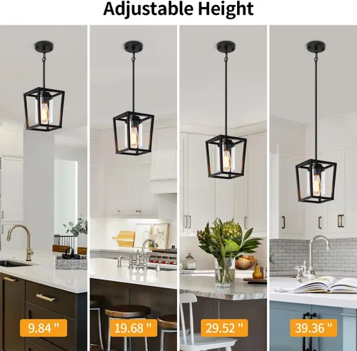 Miniatura 7 de Paquete de 2 luces colgantes negras para isla de cocina, lámparas colgantes de granja con pantalla de vidrio, iluminación moderna para isla
