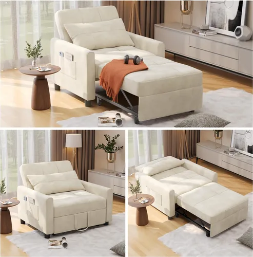 Aiho - Silla de dormir convertible, sofá cama 3 en 1 con diseño ajustable, almohada y bolsillo - Cama plegable para apartamento (Beige)