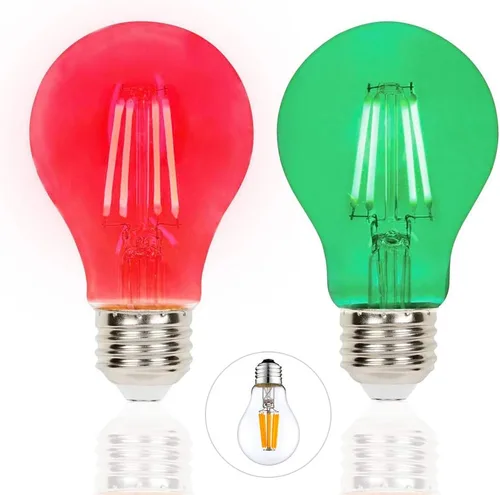Paquete de 2 bombillas LED de filamento rojo y verde – A19 E26 8 W, equivalente a 60 W, bombilla LED vintage roja y verde para iluminación