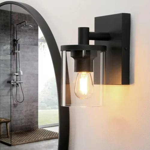 Pathson Aplique de pared vintage de 1 luz, lámpara de tocador de pared de baño con pantalla de vidrio transparente y base de metal, accesorios Negro