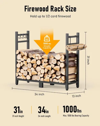Miniatura 4 de Brightown Estante de leña de 34 pulgadas para interiores con portador de troncos, estante de madera para leña, almacenamiento de madera de fuego