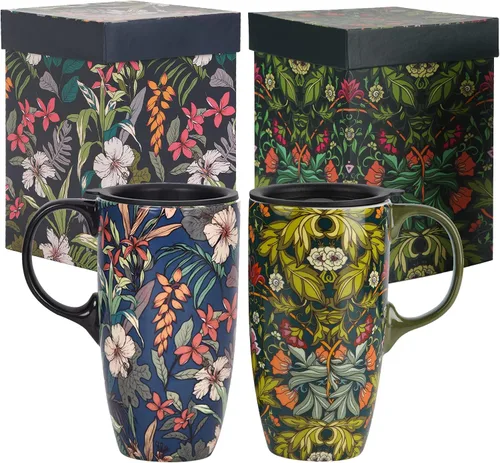 Miniatura 11 de Taza de café de viaje de cerámica con tapa para el hogar y la oficina, taza de té alta de porcelana de 17 onzas con mango de arte floral en caja