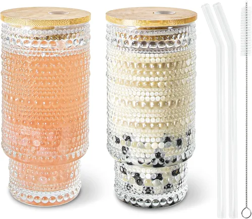 Miniatura 12 de Juego de taza de café de vidrio de 16 onzas con tapas y pajita Vintage Begonia, Dishwasher Safe, Natural Bamboo Lid, Car Hold Friendly, Non-slip