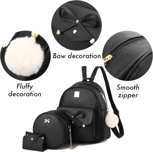 Miniatura 4 de Mochila de piel para niñas, estilo Bowknot, 3 piezas de mochila, bolso y monedero a la moda, para mujer