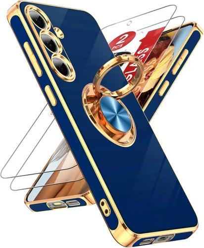 Miniatura 53 de LeYi Funda para Samsung Galaxy S22 Ultra con soporte de anillo giratorio de 360°, soporte magnético, chapado en oro rosa, borde protector para Negro