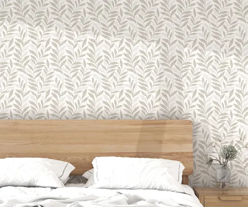 Miniatura 2 de Papel tapiz de hojas para despegar y pegar, bohemio, 17.3 x 78.8 pulgadas, color beige y blanco, papel tapiz autoadhesivo extraíble para baño