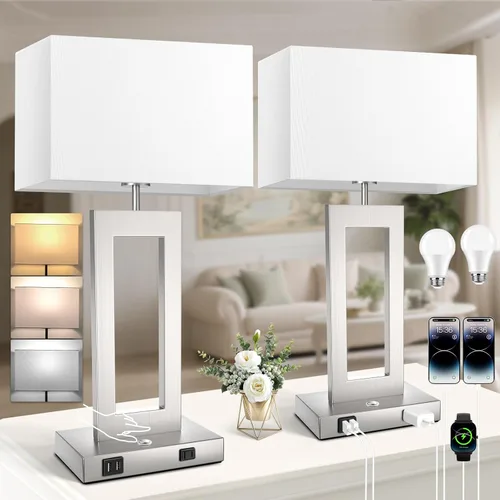 Miniatura 19 de Kondras Juego de 2 lámparas de mesa para dormitorios, 3 temperaturas de color, control táctil, lámparas de noche con 2 puertos USB y salida de CA