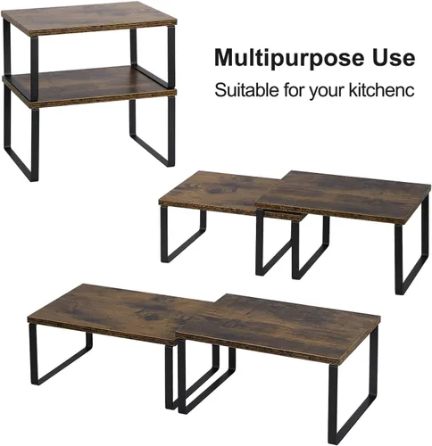Miniatura 5 de MOOACE Estante de encimera de cocina, apilable, organizador de estante de gabinete expandible para despensa, juego de 4 unidades, color marrón