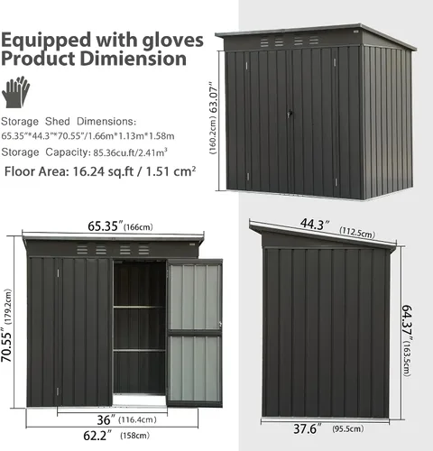 Miniatura 8 de Domi Cobertizo de almacenamiento para exteriores de 5 x 3 pies, cobertizo de jardín de metal con marco de acero galvanizado para bicicleta