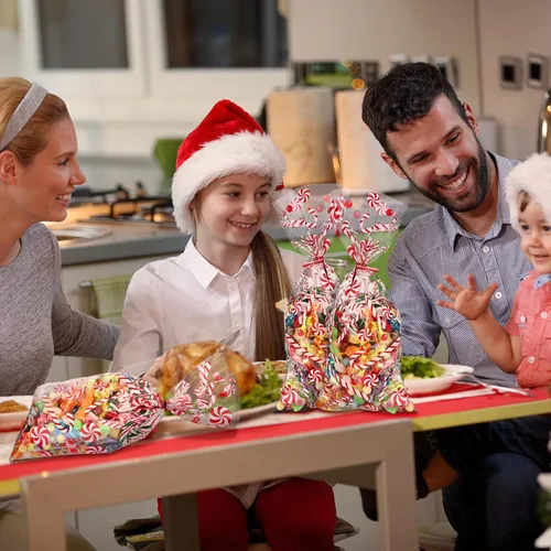 Miniatura 4 de Boao 100 bolsas de celofán, bonitas bolsas de golosinas transparentes con 150 lazos giratorios para suministros de fiesta (estilo navideño 11)
