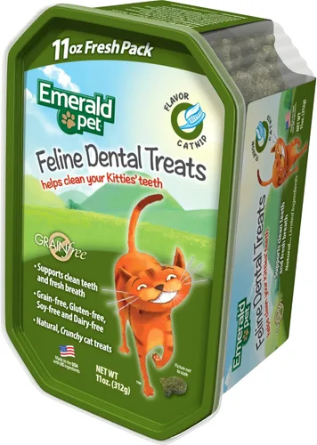 Emerald Pet Golosinas dentales para gatos sin granos con hierba gatera, golosinas dentales naturales crujientes para gatos para limpiar los dientes,