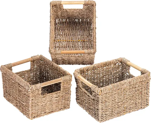 Miniatura 14 de Cesta de hierba marina natural con mango de madera, cesta de mimbre rectangular mediana para sala de estar, 12.2 x 8.9 x 6.7 pulgadas, paquete de 3