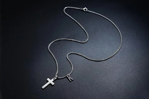 Miniatura 5 de Collar de cruz con inicial para niños y hombres, de acero inoxidable, dije de cruz con letra inicial, joyería para primera comunión, regalos