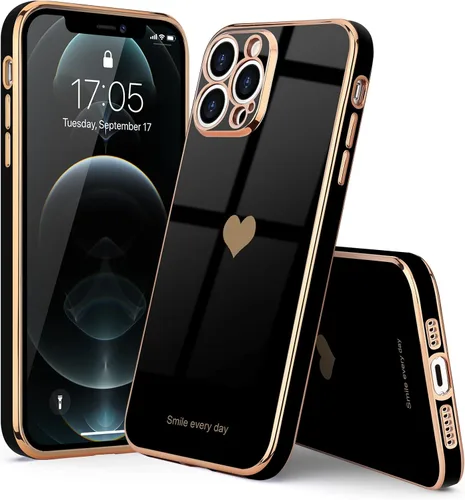 Miniatura 7 de Teageo Funda para iPhone 12 Pro para mujeres y niñas, diseño de corazón de amor, cubierta trasera suave, protección completa de la cámara, Negro