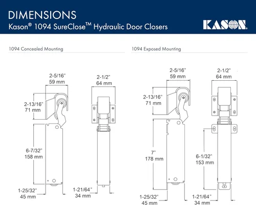 Miniatura 8 de Kason 1094 SureClose Cierrapuertas hidráulico, expuesto con gancho empotrado a 3/4 pulgadas, 11094000003_11094000026