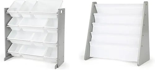 Humble Crew Organizador de juguetes para niños, niños pequeños, gris/blanco y redondo, estantería de almacenamiento para libros, gris/blanco
