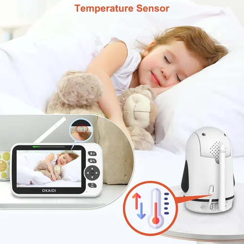 Miniatura 5 de OKAIDI - Monitor de bebé con video y 2 cámaras, pantalla de 5 pulgadas, monitor de bebé sin WiFi, batería de 30H y rango de 300 m, cámara de bebé