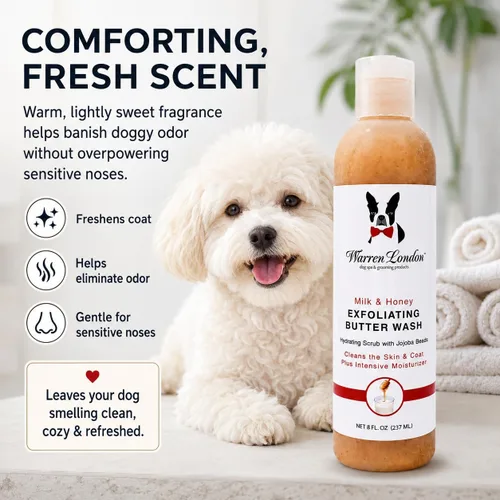 Miniatura 5 de Warren London Champú exfoliante para perros con mantequilla – leche y miel, 8 onzas Champú limpiador, acondicionador y exfoliante con cuentas