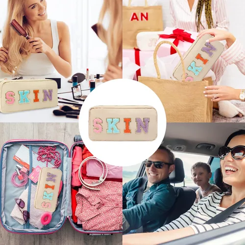 Miniatura 7 de DYSHAYEN Bolsa de Cosméticos de Nylon Pequeña, Bolsa de Maquillaje Preppy de Viaje para Mujeres y Niñas con Parches de Letras de Chenilla, Beige-Skin