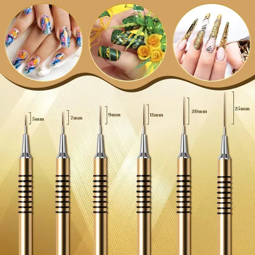Miniatura 2 de Set de pinceles para delinear uñas, 6 piezas, para diseño de uñas, líneas finas y largas, punta para puntitos, con mango metálico, pinceles