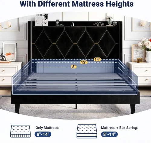 Miniatura 7 de Allewie Base de cama tapizada Velvet Queen con cabecera de almacenamiento con respaldo alado y estación de carga, cama de plataforma con diseño Negro