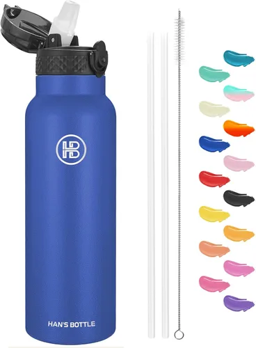 Miniatura 23 de Han's Bottle - Botella de agua para niños con tapa con pajilla - Vaso reutilizable de acero inoxidable aislado para niñas, niños, taza térmica, 17