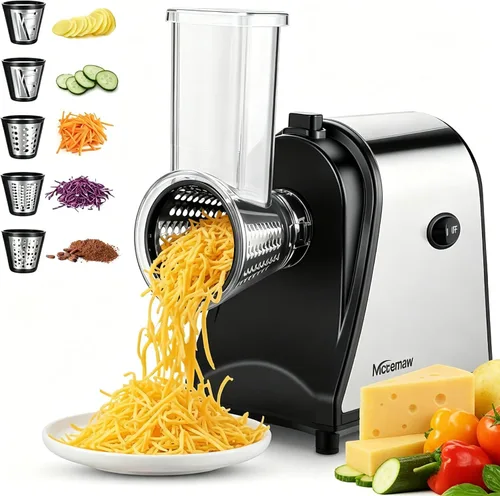 Rallador de queso eléctrico 5 en 1 con 5 cuchillas, trituradora de queso de un solo toque de 250 W y rebanadora de verduras para queso, frutas,