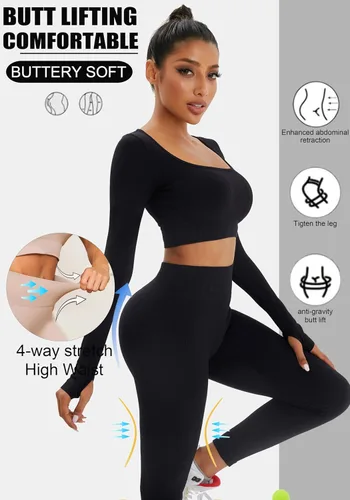 Miniatura 3 de FINETOO Conjunto de 4 piezas de entrenamiento para mujer, acanalado, sin costuras, manga larga, camiseta deportiva, sin mangas, cintura alta